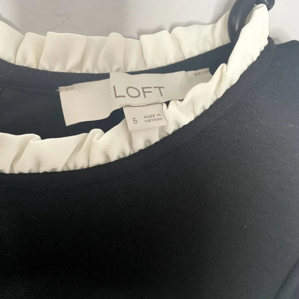 LOFT RUFFLE FLOUNCE FLARE DRESS BLACK SIZE 6 RAYON BLEND - Picture 4 of 7